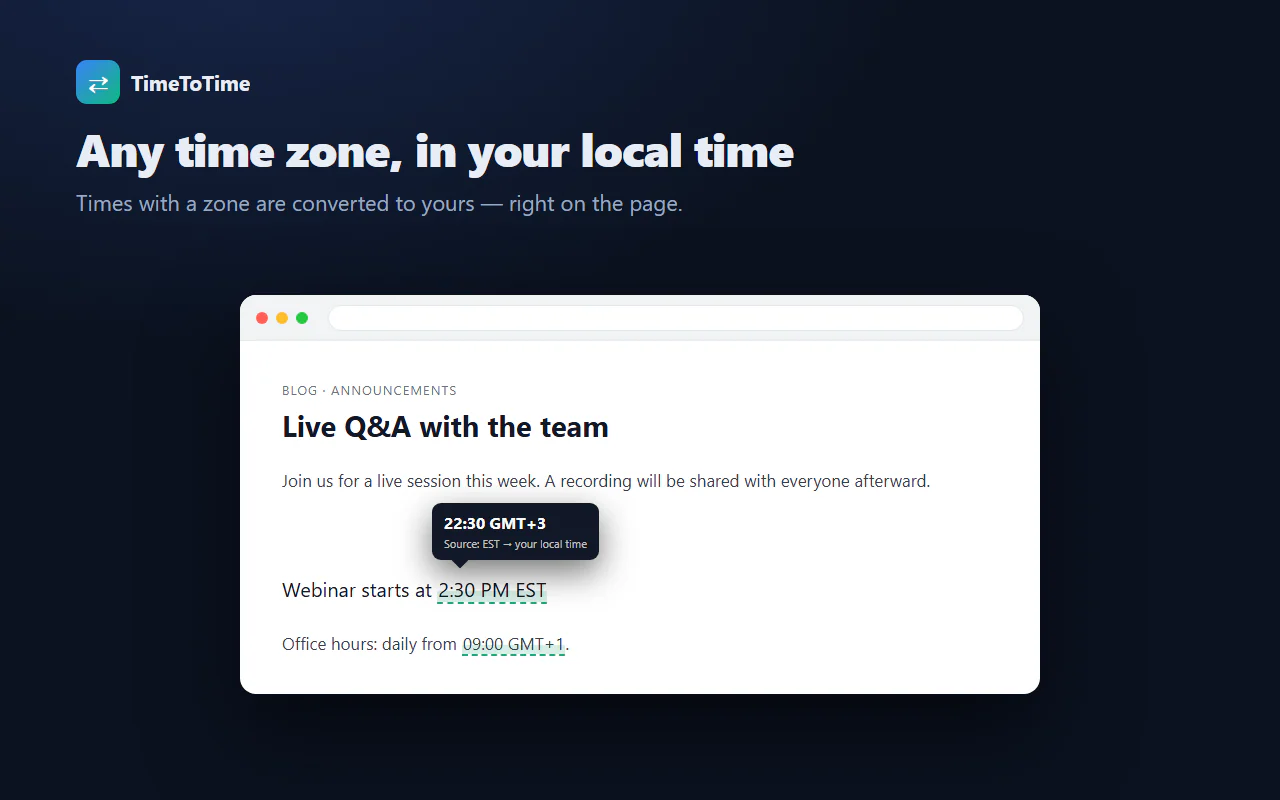 Saatin üzerine gelince TimeToTime ipucu: 2:30 PM EST, 22:30 GMT+3 olarak gösteriliyor.