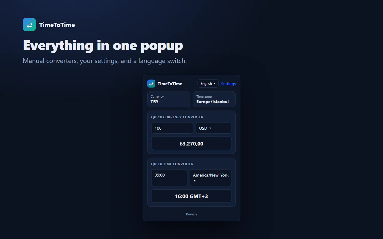 TimeToTime popup'ı: hızlı kur ve saat çeviriciler ile dil seçimi.