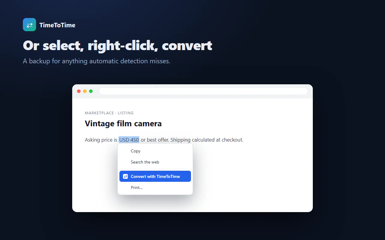 Seçili metne sağ tıklayınca açılan 'Convert with TimeToTime' menü öğesi.