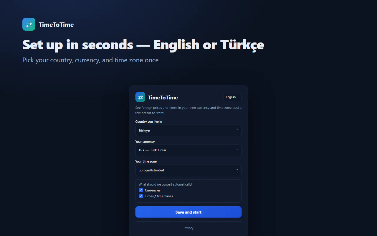TimeToTime ilk kurulum ekranı: ülke, para birimi, saat dilimi ve EN/TR dil seçimi.