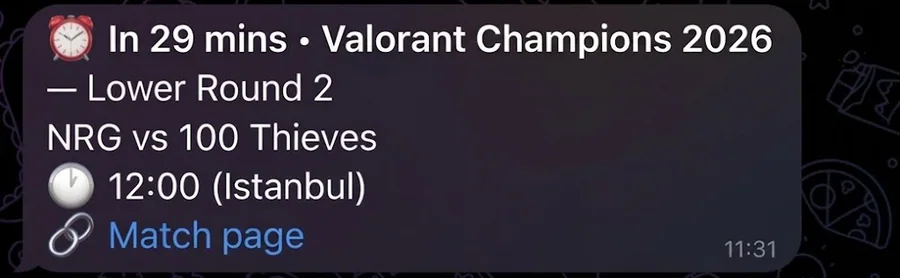 Reminder 30 minutes before the match